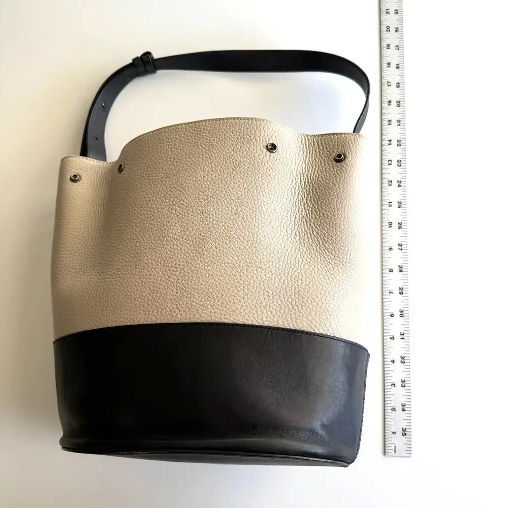 Dagne Dover Ava Bucket Bone Onyx Snap Divided Compartment Leather‎ Shoulder Bag